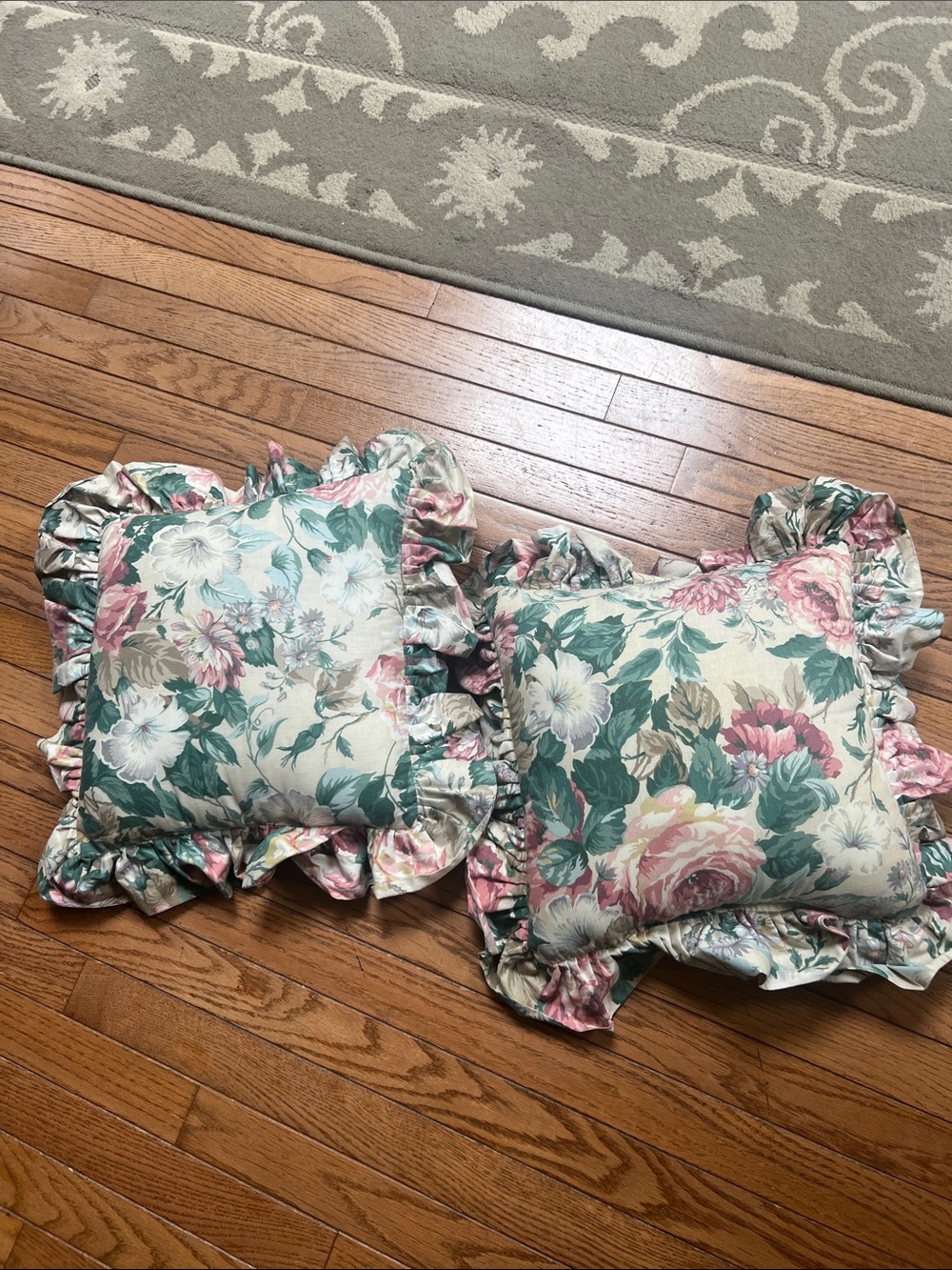 Waverly Floral Ruffled Square Throw Pillows Pair in Green and Pink
